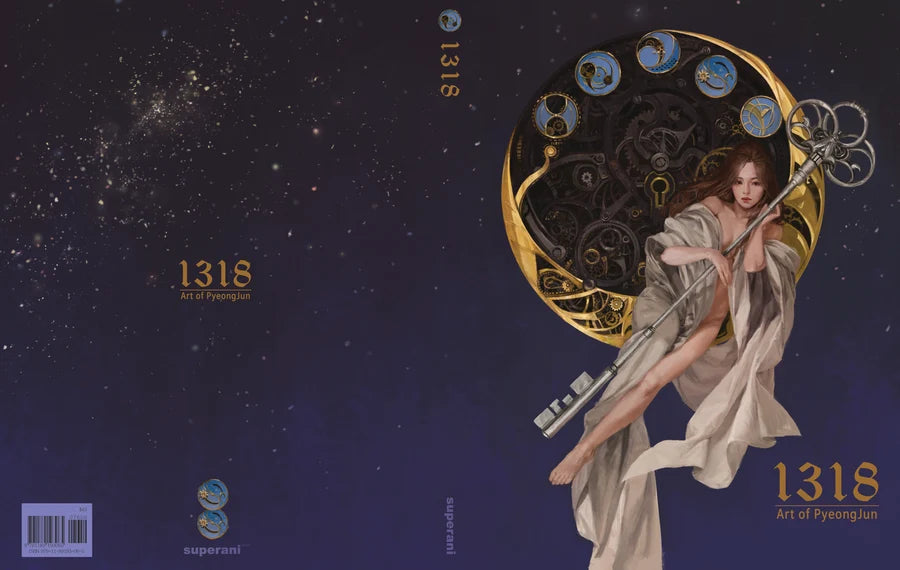 A square art print or book cover featuring a fantasy illustration of a woman in flowing white robes holding a large silver key in front of a golden circular celestial design on a starry dark blue background. The text '1318 Art of Pyeongjahn' appears in gold, with a barcode and small logo elements at the bottom left.