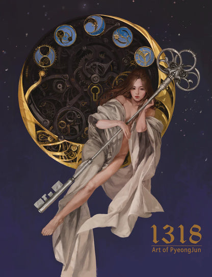 Fantasy art print featuring a woman in flowing cream drapery holding a large ornate key in front of a giant golden clockwork circle on a deep blue starry background. The text '1318 Art of PyeongJun' appears in the lower right.