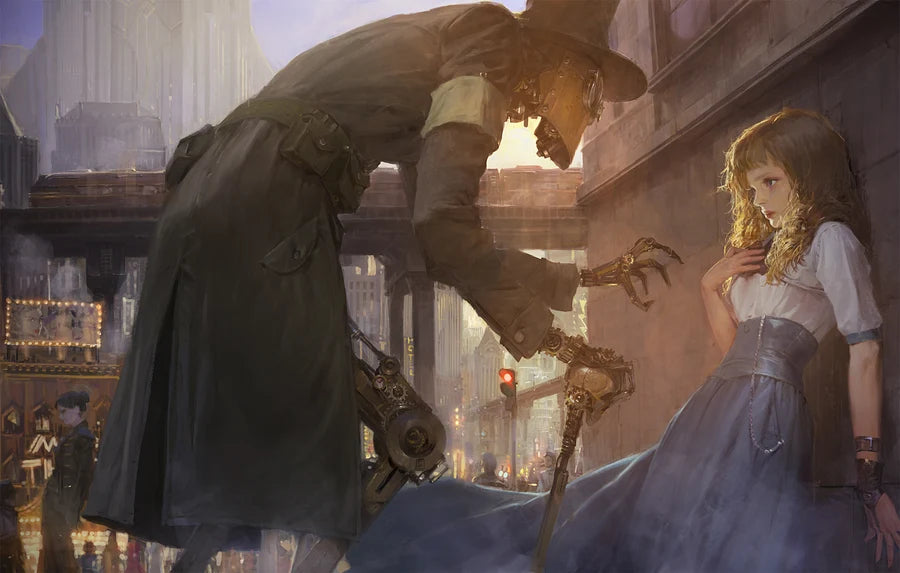 Fantasy digital art print depicting a giant, skeletal, robotic figure in a dark cloak and hat reaching toward a young girl in a blue dress in a city street at sunset.