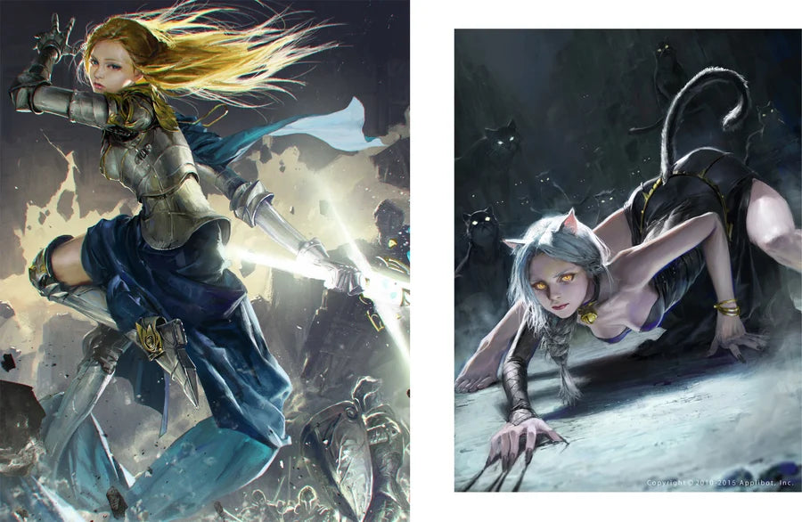 A side-by-side display of two fantasy art illustrations. The left illustration shows a female warrior with long blonde hair, silver armor, and a blue skirt, holding a glowing sword.