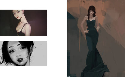 A collage-style fashion image showing a woman in a dark strapless gown, with two smaller inset portraits on the left and a larger stylized full-body view on the right. The overall presentation appears editorial and fashion-oriented rather than a clean isolated product shot.
