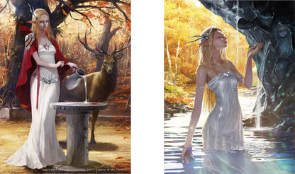 A side-by-side comparison of two fantasy art illustrations featuring a blonde woman in a white gown. The left illustration shows her in a forest with a red cape, pouring water from a pot into a stone basin, with a deer behind her.