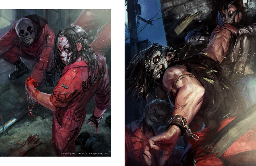 A side-by-side display of two dark fantasy illustrations featuring a monstrous figure with a skull-like head, long dark hair, and a red outfit, surrounded by other figures in red in a gritty, atmospheric scene.