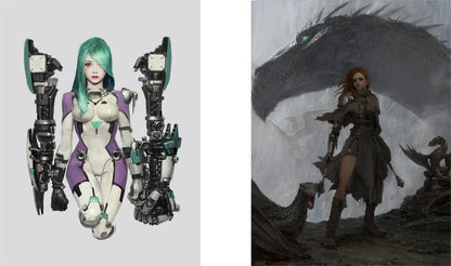A side-by-side comparison of two fantasy digital art designs: on the left, a 3D-rendered female warrior character with green hair, a white and purple bodysuit, and large black mechanical shoulder pieces; on the right, a fantasy illustration of a red-haired female warrior standing before a massive dark dragon in a stormy gray scene.