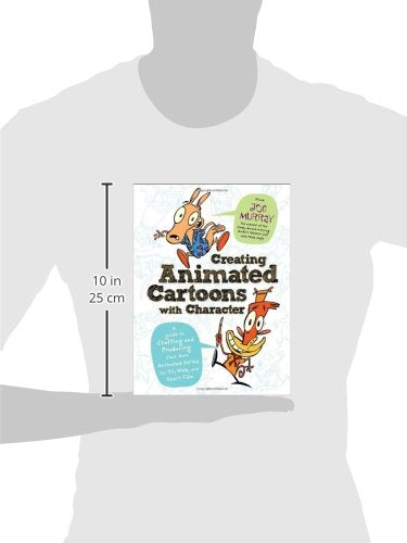 A book titled "Creating Animated Cartoons with Characters" shown centered on a gray human silhouette, with a vertical measurement marker indicating 10 in (25 cm) height. The cover features cartoon illustrations and text, but this is still a product-focused listing image rather than a pure instruction diagram.