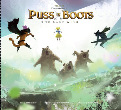 Cover of 'The Art of DreamWorks Puss in Boots: The Last Wish' featuring animated characters from the film with a fantasy landscape in the background.