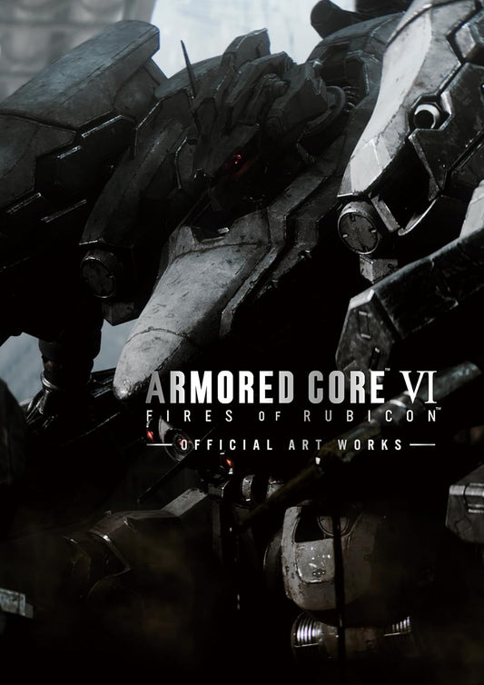 Cover art for 'Armored Core VI: Fires of Rubicon' official art works, featuring a close-up of a mecha from the video game series.