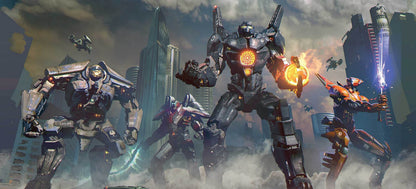 Mechanical robots in a futuristic cityscape with explosions and smoke.