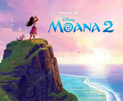 Cover of the book 'The Art of Moana 2' featuring animated character Moana standing on a cliff with a sunset and ocean in the background.