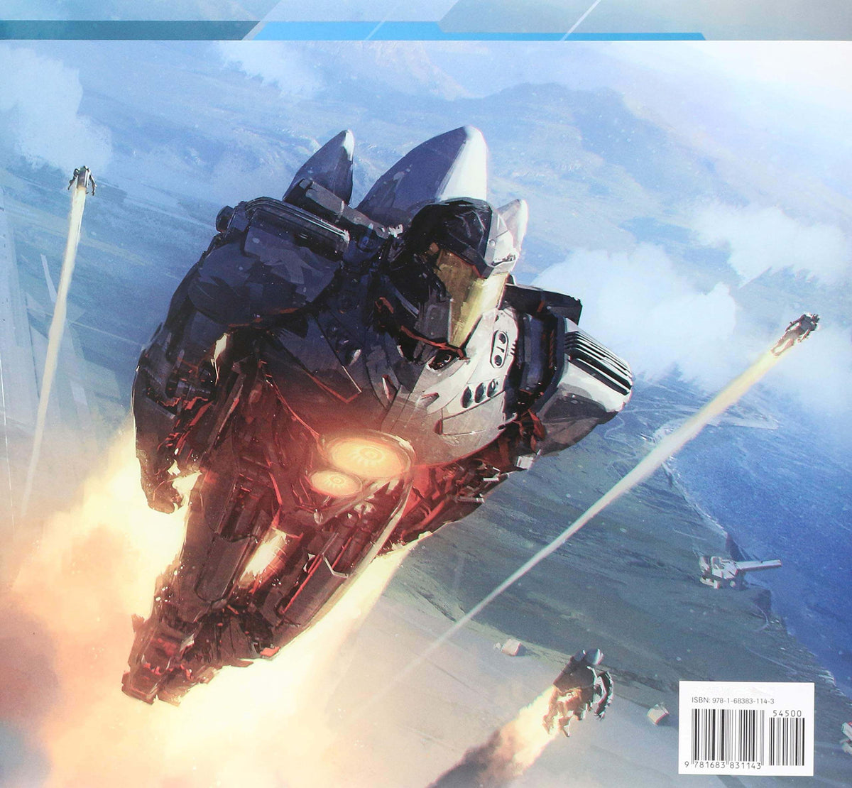 A sci-fi mecha vehicle flying over a mountainous landscape, with bright engine flames and projectile effects. The artwork appears to be printed on a book or cover, with a barcode and small label visible in the lower right corner.