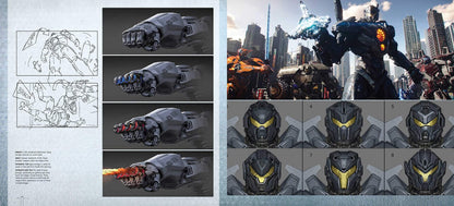 Illustrations of a robot's design process and final model in a cityscape.