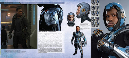 A printed or digital concept-art layout featuring a character design for Jake pentecost, shown as a full-body figure in dark clothing, close-up helmet/face renderings, costume details, and a small full-body suit rendering on a pale blue background with text blocks.