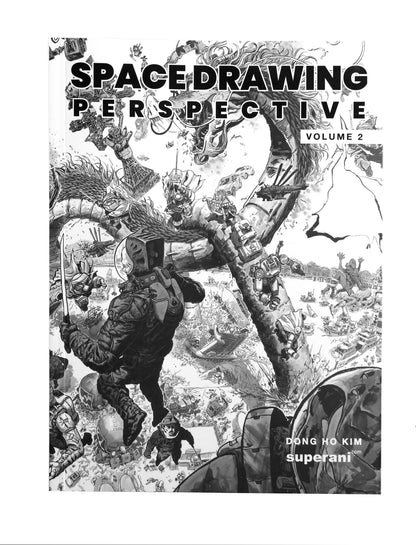 Front cover of the book 'Space Drawing Perspective Volume 2' by Dong Ho Kim (superani), featuring a highly detailed black and white sci-fi illustration of a space soldier.