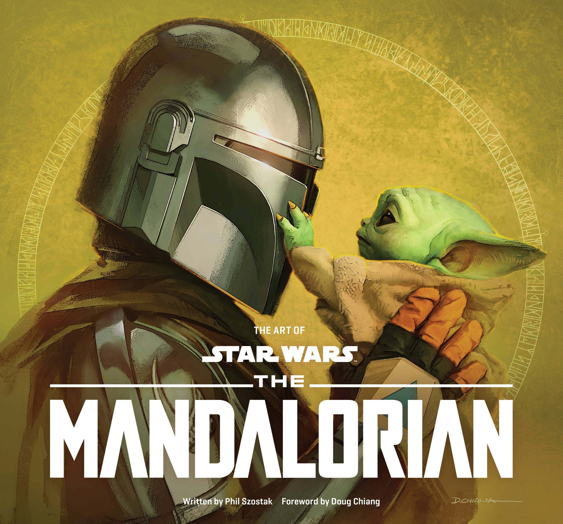 Cover art for 'The Art of Star Wars: The Mandalorian Season 2' featuring a close-up of a Mandalorian helmet with a child's face peeking out from behind it, set against a yellow background.