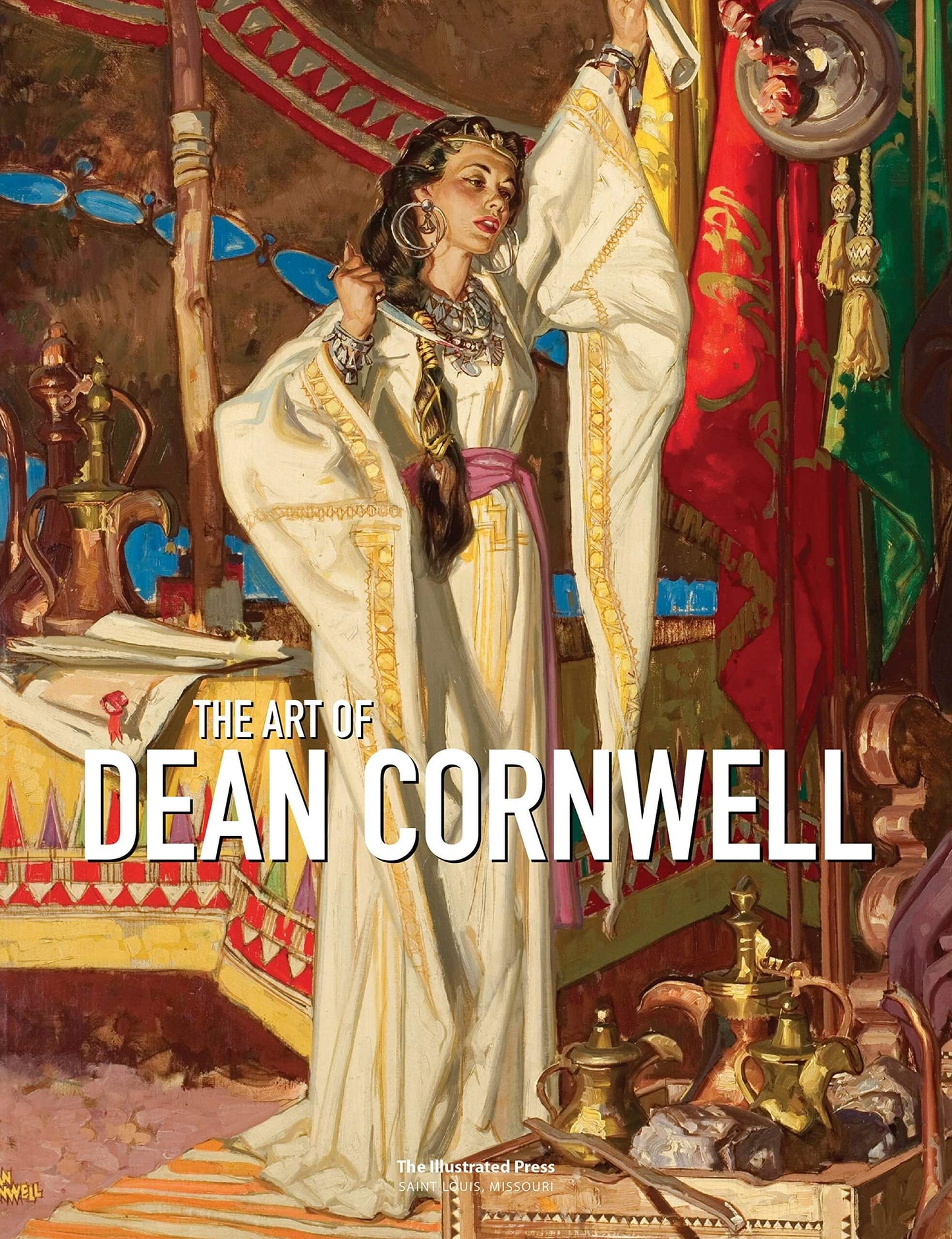 Book cover for 'The Art of Dean Cornwell' featuring a painted scene of a woman in flowing white and gold robes standing in an ornate interior with red and green textiles and metallic vessels. Large white title text overlays the lower-middle portion.