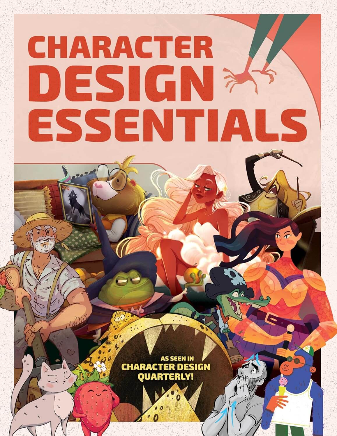 Front cover of the book or booklet titled "Character Design Essentials," featuring a colorful illustrated collage of fantasy and cartoon characters beneath large red title text on a light peach background.