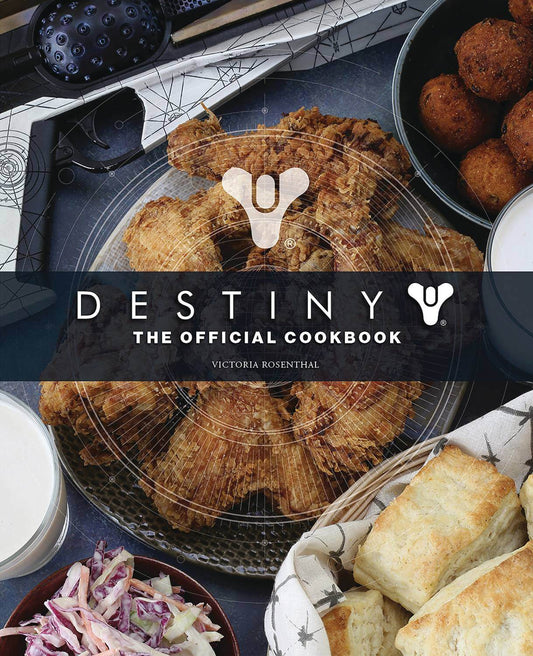 Cover of 'Destiny: The Official Cookbook' with food images and title text.