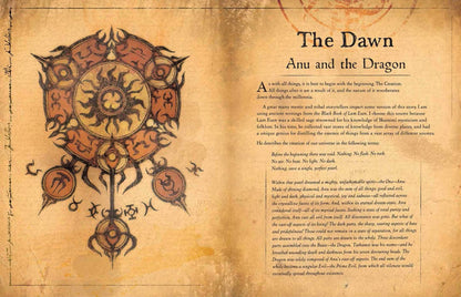 Decorative text and emblem on a textured brown background
