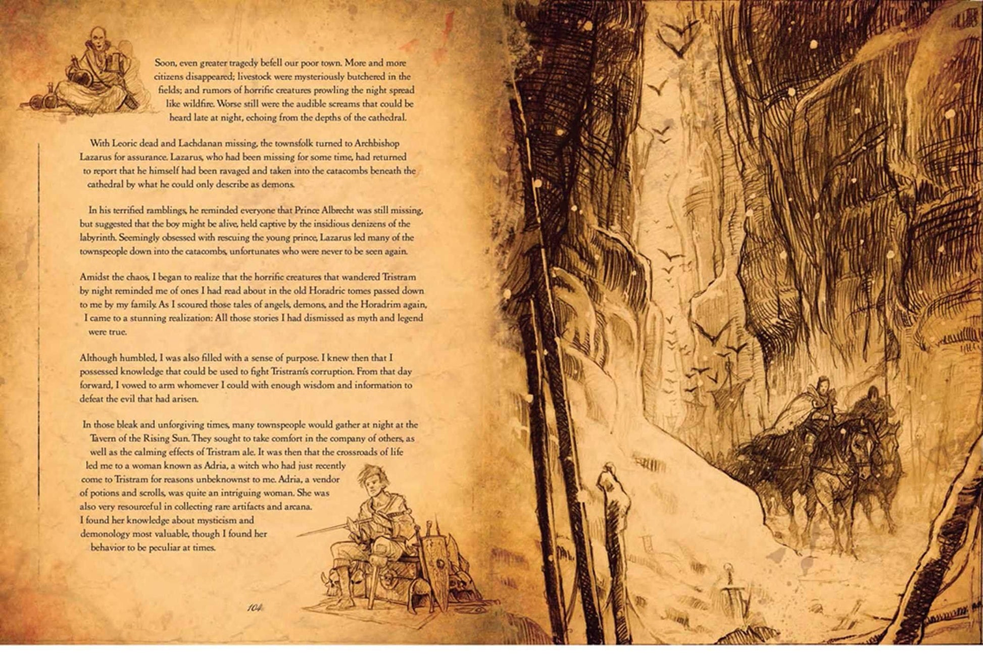 An open vintage book spread showing printed text on both pages with sepia-toned illustrations, including a ship, a lighthouse scene, and a sailing vessel on a dark background.