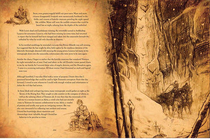 An open vintage book spread showing printed text on both pages with sepia-toned illustrations, including a ship, a lighthouse scene, and a sailing vessel on a dark background.