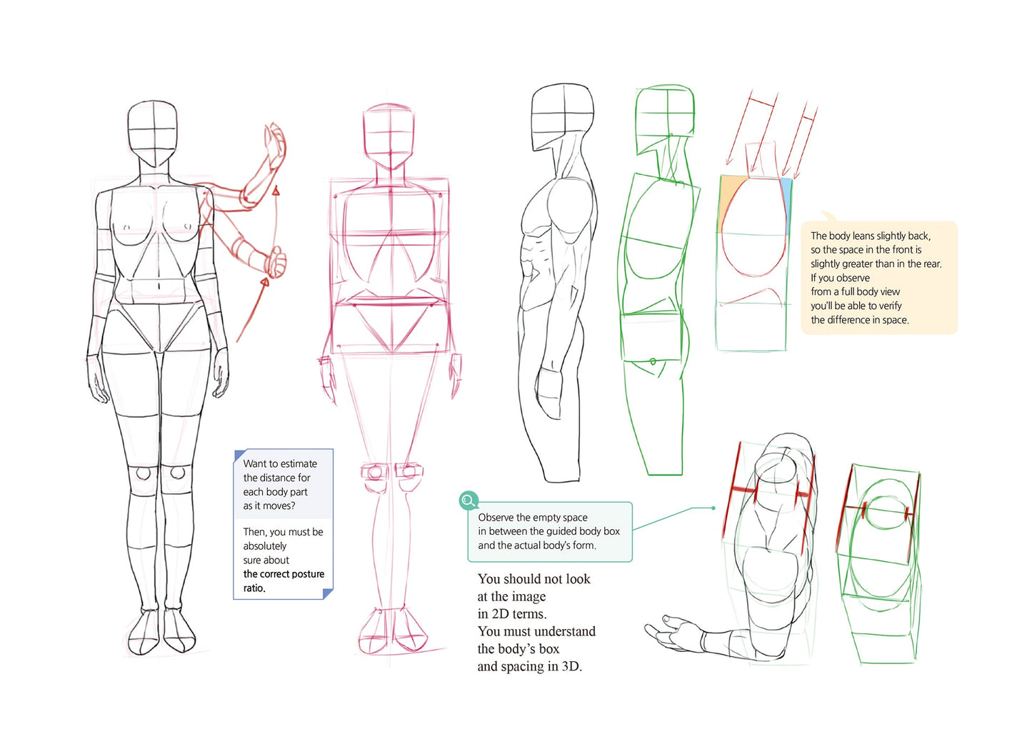 Illustrations of human figures in various poses with annotations on a white background