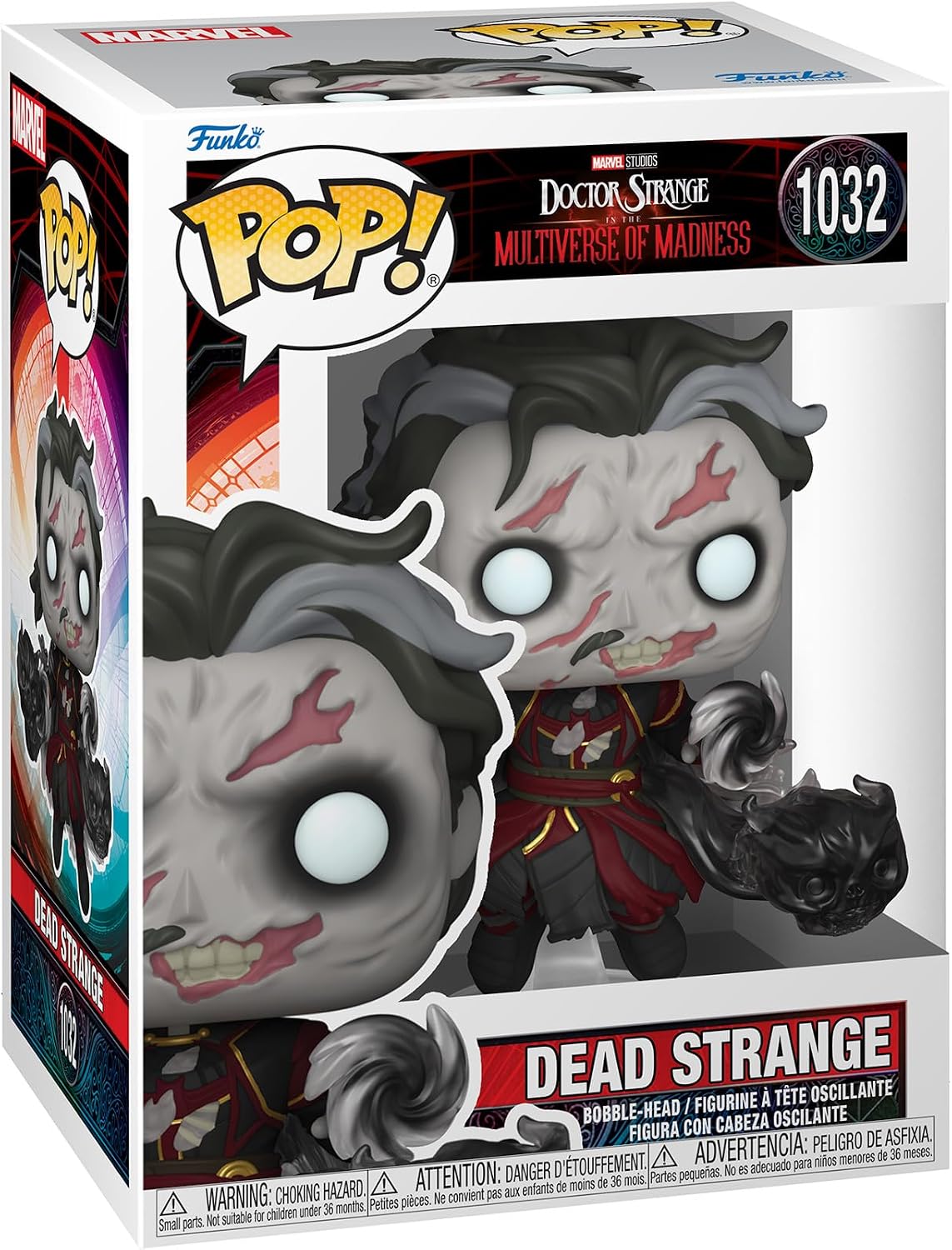 Funko Pop! vinyl figure of Dead Strange from Doctor Strange: Multiverse of Madness, number 1032, shown in its original retail box. The figure has a gray skull-like face with large white eyes, dark hair, and a red-and-black robe, with a large printed close-up of the face on the front of the packaging.
