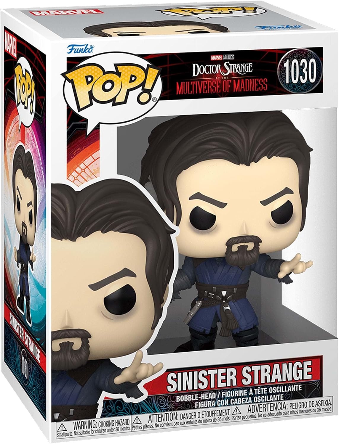 Funko Pop! vinyl figure of Sinister Strange from Doctor Strange: Multiverse of Madness, shown in its original window box packaging. The figure has a bobble-head style head, dark hair, a beard, and is wearing a dark blue robe.
