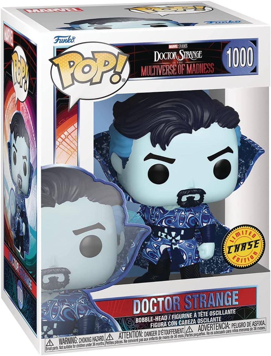 Funko Pop! Marvel Doctor Strange 1000th limited chase figure in its original window box packaging, featuring Doctor Strange with a bobble-head style head and blue patterned robe.