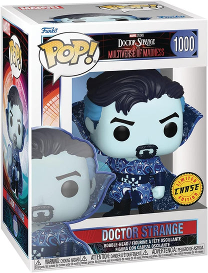 Funko Pop! Marvel Doctor Strange 1000th limited chase figure in its original window box packaging, featuring Doctor Strange with a bobble-head style head and blue patterned robe.
