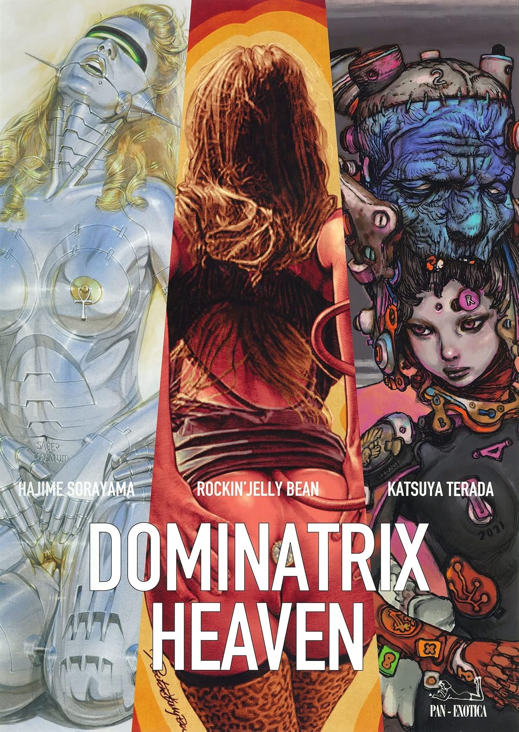 Cover of 'Dominatrix Heaven' with stylized characters and vibrant colors.