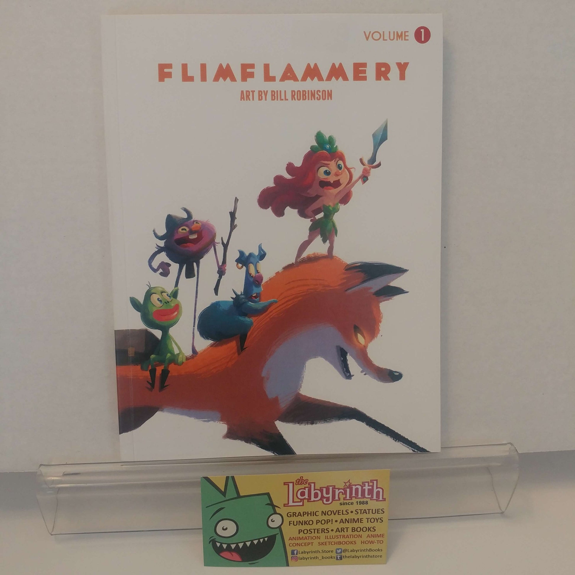 A sketch art book titled 'Flimflammery' by Bill Robinson, featuring a color illustration of an anthropomorphic fox character on the cover, signed by the artist.