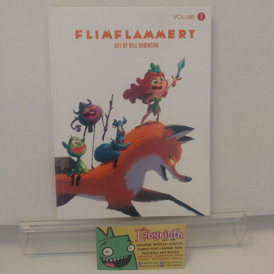 A sketch art book titled 'Flimflammery' by Bill Robinson, featuring a color illustration of an anthropomorphic fox character on the cover, signed by the artist.