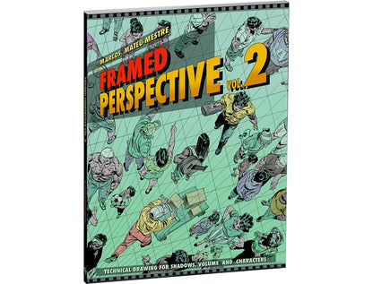 Framed Perspective Vol. 2: Technical Drawing for Shadows, Volume and Characters book cover by Marc-Isidore Matheu, featuring a green grid background with illustrated figures and bold red and yellow title text.