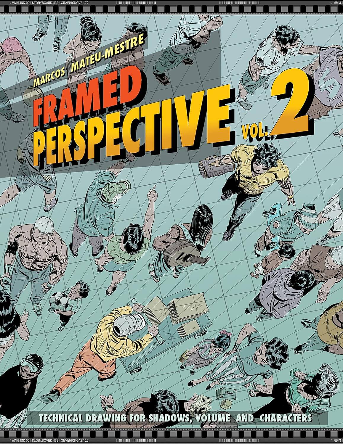Cover of 'Framed Perspective Vol 2' featuring a graphic illustration of multiple characters in dynamic poses with a strong emphasis on perspective and action.