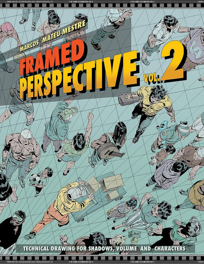 Cover of 'Framed Perspective Vol 2' featuring a graphic illustration of multiple characters in dynamic poses with a strong emphasis on perspective and action.