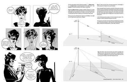 A black and white printed page showing comic-style illustrated scenes of a woman with a hat and a man in a suit, alongside explanatory diagrams and text blocks about lighting and perspective.
