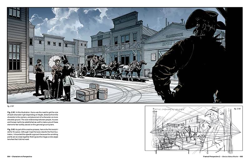Illustration of a Western town scene with characters and buildings, featuring black and white artwork.