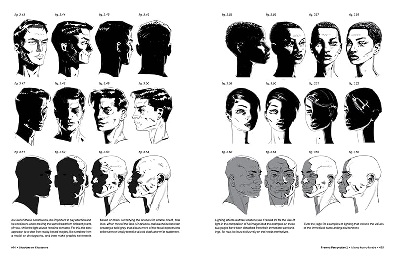 A printed page showing black-and-white illustrated character head poses and shading examples, with small text blocks and labels such as p. 3-34 and p.