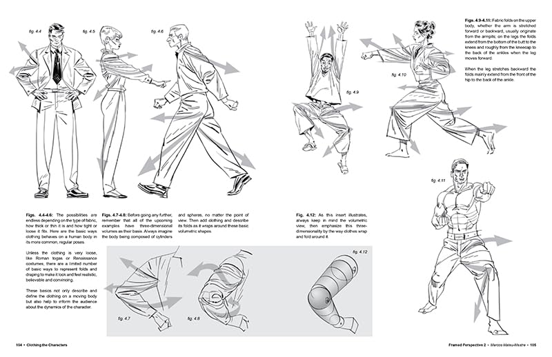 A printed page showing black-and-white line-art character pose illustrations with explanatory text and arrows, likely from a comic or animation reference book.