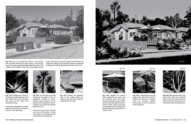 A printed catalog or book spread showing black-and-white photographs of houses and landscaping, with captions and small inset images arranged in two columns.