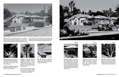 A printed catalog or book spread showing black-and-white photographs of houses and landscaping, with captions and small inset images arranged in two columns.