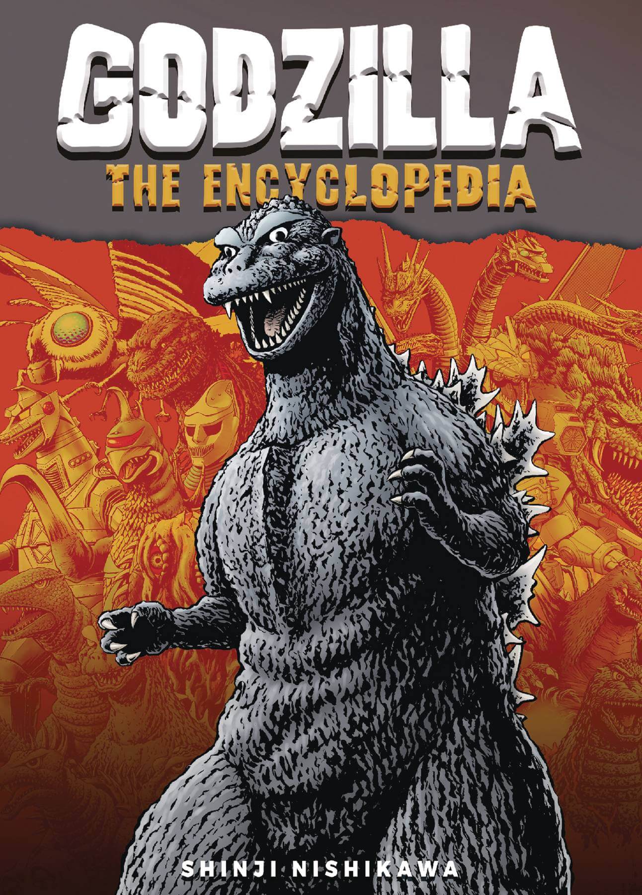 Cover of the book 'GODZILLA THE ENCYCLOPEDIA' featuring an illustration of the Godzilla monster with a vibrant background.