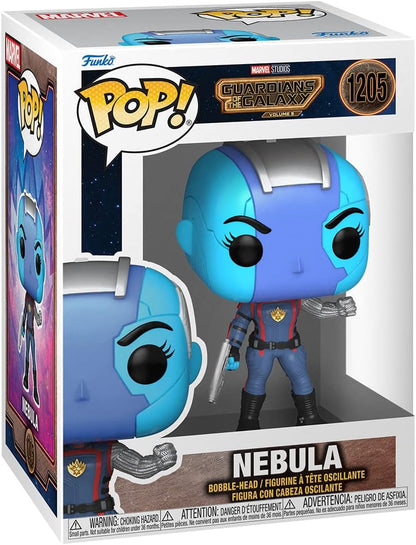 Funko Pop! Marvel Studios Guardians of the Galaxy Nebula bobble-head figure in its original retail packaging, featuring a blue and silver helmeted head and a red and blue outfit.