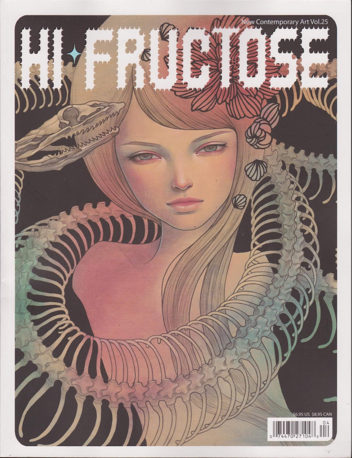 Cover of 'Hi-Fructose' magazine featuring an illustration of a girl with flowing hair, surrounded by a stylized depiction of a skeleton and flowers.