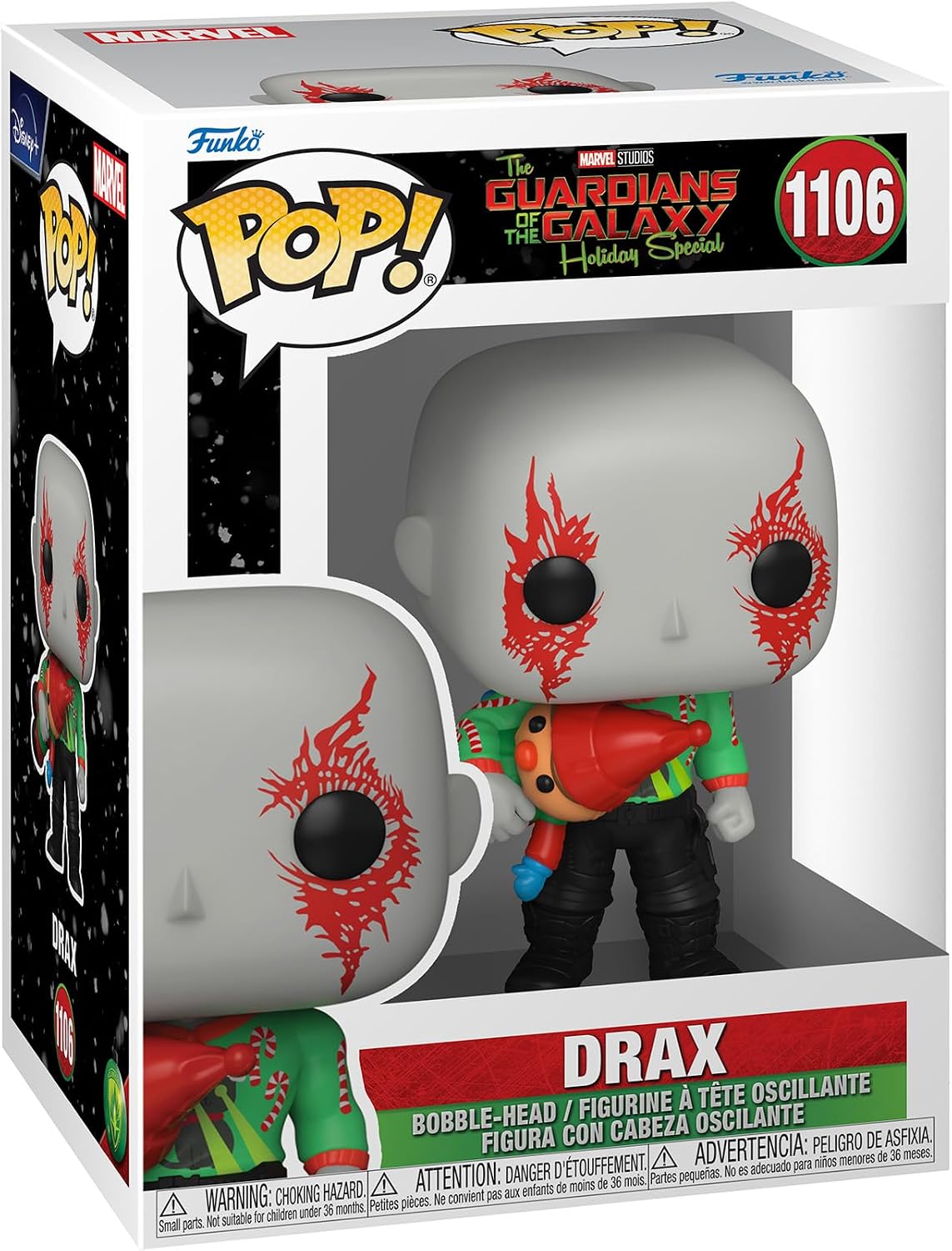 Funko Pop! vinyl figure of Drax from Marvel's Guardians of the Galaxy, number 1106, in its original window box packaging.