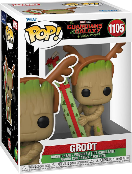 Funko Pop! Groot figure in reindeer costume packaging