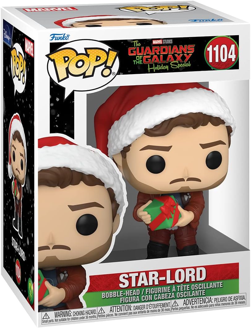 Funko Pop! Marvel Star-Lord Holiday Special vinyl figure in its original window box packaging, featuring the character in a red Santa hat and suit holding a green gift box.