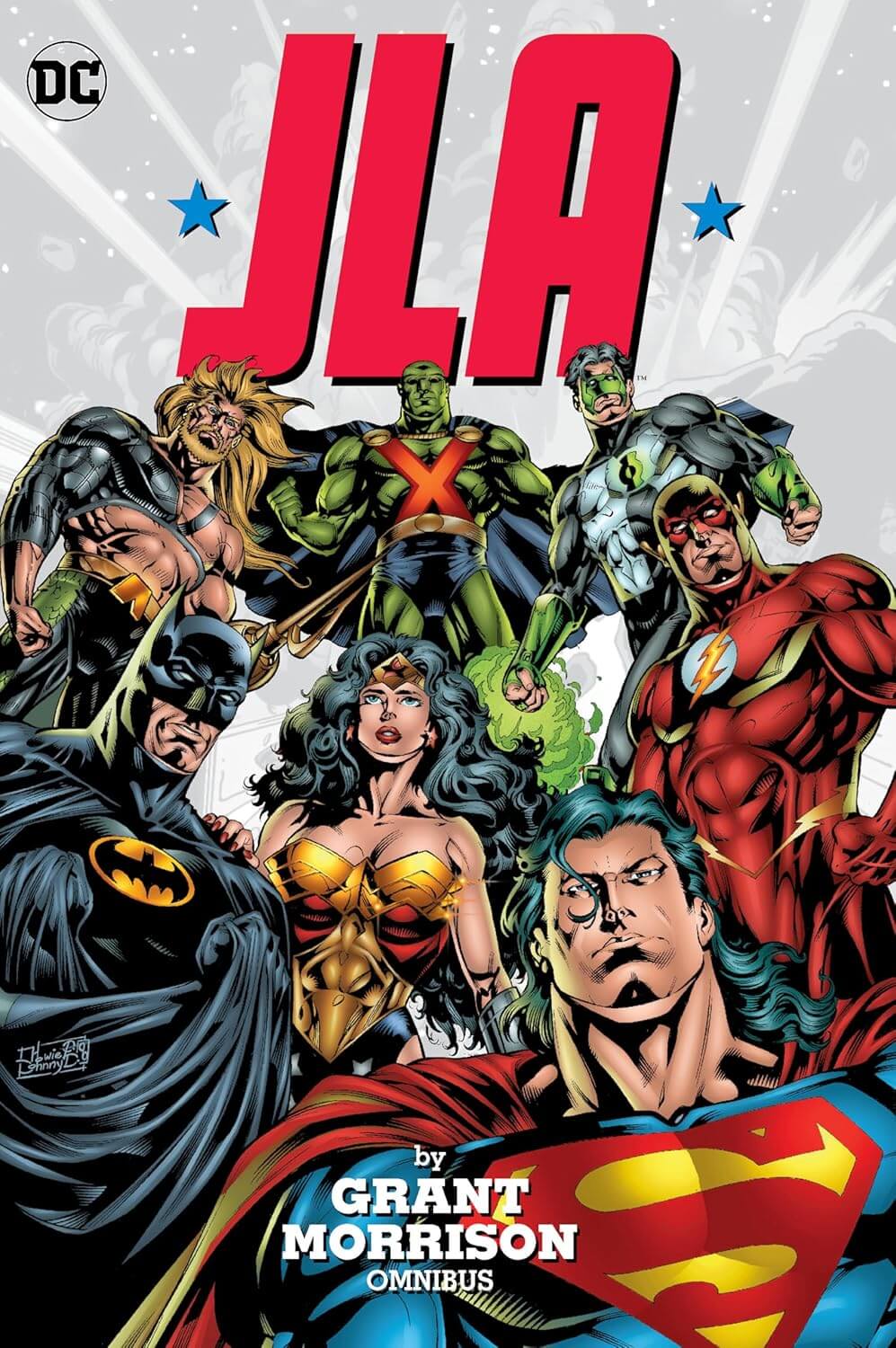 Comic book cover for 'JLA: Grant Morrison Omnibus' featuring DC Comics characters including Batman, Wonder Woman, Superman, Green Lantern, and others under a large red 'JLA' title on a light gray background.