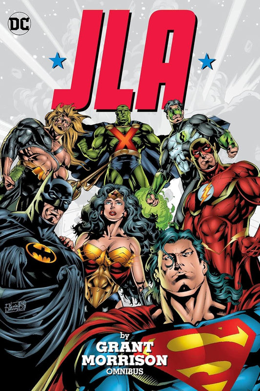 Comic book cover for 'JLA: Grant Morrison Omnibus' featuring DC Comics characters including Batman, Wonder Woman, Superman, Green Lantern, and others under a large red 'JLA' title on a light gray background.
