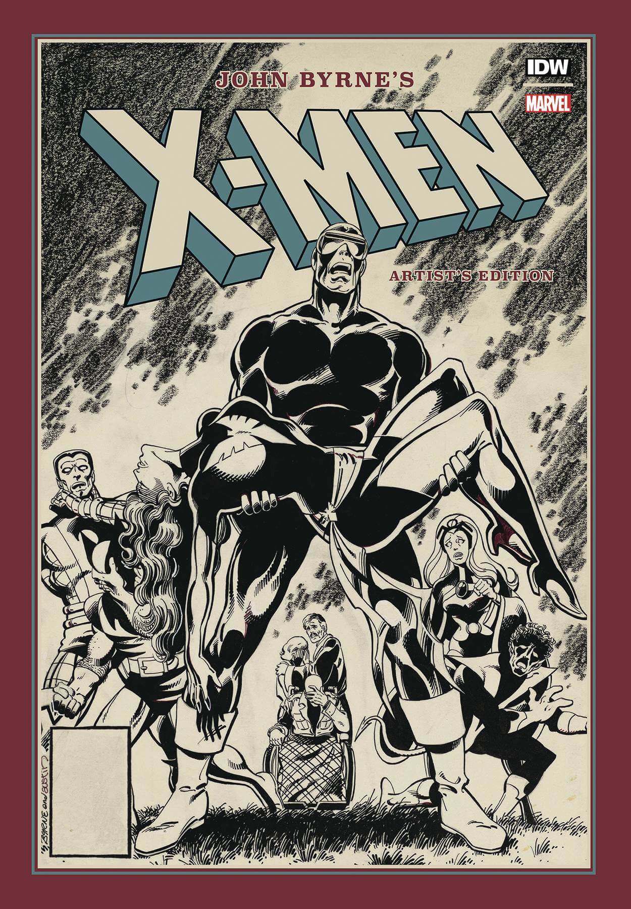 Cover of 'John Byrne X-Men Artists Edition' featuring a black and white illustration of a character in a dynamic pose, surrounded by other characters in a dramatic setting.